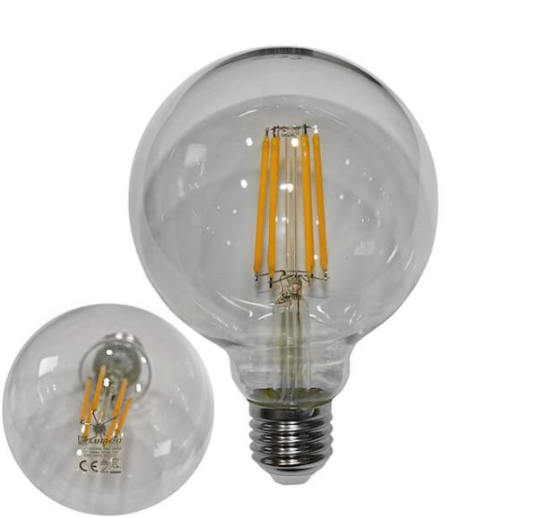 Λάμπα LED FILAMENT (COG), διάφανη GLOBE Φ95, 10W, Ε27, 2800Κ Θερμό