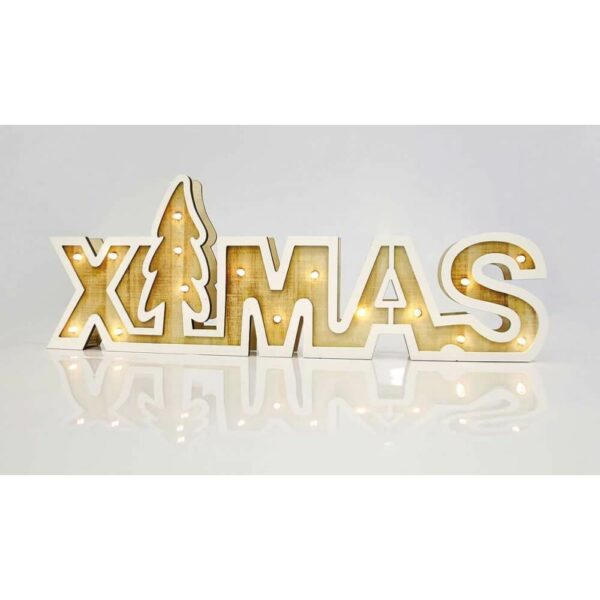 Ξύλινη Διακοσμητική Επιγραφή "XMAS", καφέ-λευκό, μπαταρίας, 44x4x16(h) cm, 16 LED, Θερμό Λευκό (Warm white) - Image 2