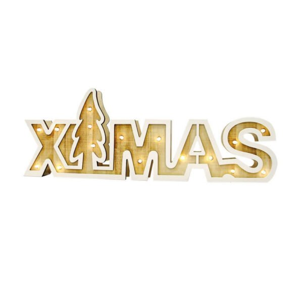 Ξύλινη Διακοσμητική Επιγραφή "XMAS", καφέ-λευκό, μπαταρίας, 44x4x16(h) cm, 16 LED, Θερμό Λευκό (Warm white)