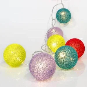 10 διακοσμητικές πολύχρωμες πλεκτές υφασμάτινες μπάλες με λαμπάκια LED σε σειρά μπαταρίας, 1,35 m, διάφανο καλώδιο, σταθερή, IP20, Θερμό Λευκό (Warm white)