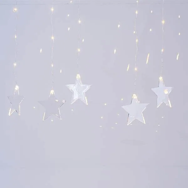 47 λαμπάκια LED ασύμμετρη κουρτίνα (βροχή) με 7 ακρυλικά αστέρια, σταθερή, 1,20x0,80(h) m, ασημί καλώδιο χαλκού (Copper), IP44, Θερμό Λευκό (Warm white)