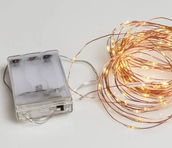 100 λαμπάκια LED σε σειρά μπαταρίας, 10 m, μπρονζέ καλώδιο χαλκού (Copper), σταθερή, IP20, Θερμό Λευκό (Warm white)
