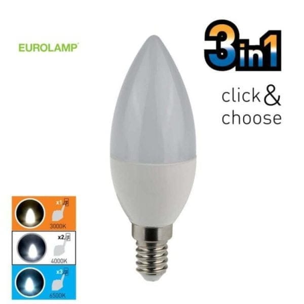 Eurolamp Λάμπα LED κεράκι, 6W=60W, για Ε14, 3σε1 Ρυθμιζόμενο Λευκό 6500K/4000K/3000K