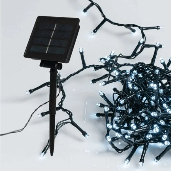 100 λαμπάκια LED σε σειρά με ηλιακό συλλέκτη - solar panel, 10 m, πράσινο καλώδιο, 8 προγράμματα, IP44, Ψυχρό Λευκό
