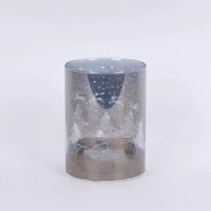 Ασημί Γυάλινο Διακοσμητικό Φωτιζόμενο με δέντρα και έλκηθρο, 9×16(h) cm, 10 LED, μπαταρίας, Θερμό Λευκό (Warm white)