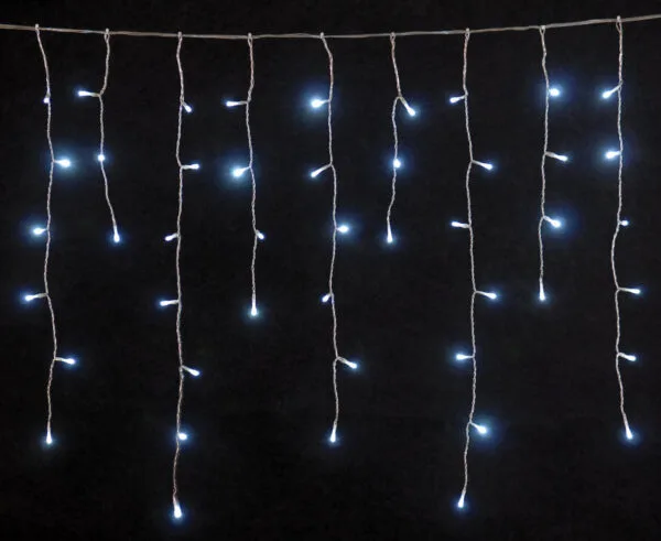 100 λαμπάκια LED ασύμμετρη κουρτίνα (βροχή) σταθερή με επέκταση, 2x0,70 m, διάφανο καλώδιο, IP44, Ψυχρό Λευκό
