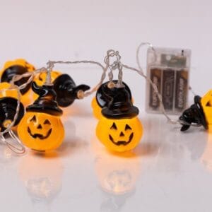 10 κολοκύθες ΗALLOWEEN με καπέλο και με λαμπάκια LED σε σειρά μπαταρίας, 1,35 m, διάφανο καλώδιο, σταθερή, χρονοδιακόπτης, IP20, Θερμό Λευκό (Warm white)