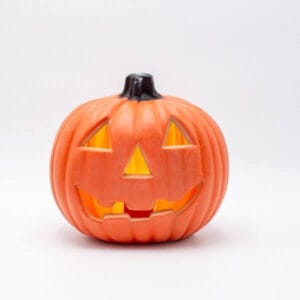 Πορτοκαλί φωτιζόμενη στρογγυλή κολοκύθα Halloween, μπαταρίας, 6 LED, 20x15x19(h) cm, IP20, Θερμό Λευκό (Warm white)