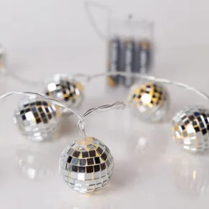 10 DISCO μπάλες με λαμπάκια LED σε σειρά μπαταρίας, 1,35 m, διάφανο καλώδιο, σταθερή, χρονοδιακόπτης, IP20, Θερμό Λευκό (Warm white)