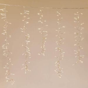 480 λαμπάκια LED ασύμμετρη κουρτίνα (βροχή) Cluster με 8 προγράμματα και επέκταση, 2x1 m, διάφανο καλώδιο, IP44, Θερμό Λευκό (Warm white)