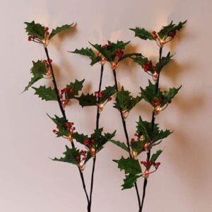 Φωτιζόμενα κλαδιά πράσινα με κόκκινα μούρα, μπαταρίας, 75 cm, 16 LED, χρονοδιακόπτης, Θερμό Λευκό (Warm white)