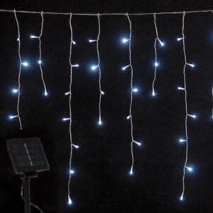 144 λαμπάκια LED ασύμμετρη κουρτίνα (βροχή) με προγράμματα και ηλιακό συλλέκτη – solar panel με αισθητήρα φωτός, 3x0,75 m, διάφανο καλώδιο, IP44, Ψυχρό Λευκό