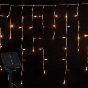 144 λαμπάκια LED ασύμμετρη κουρτίνα (βροχή) με προγράμματα και ηλιακό συλλέκτη – solar panel με αισθητήρα φωτός, 3x0,75 m, διάφανο καλώδιο, IP44, Θερμό Λευκό (Warm white)