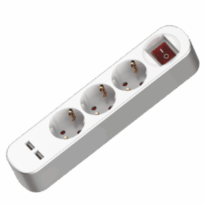 Πολύπριζο με διακόπτη, 3 Θέσεων Σούκο και 2 θέσεων USB, Λευκό, 1,5 m καλώδιο