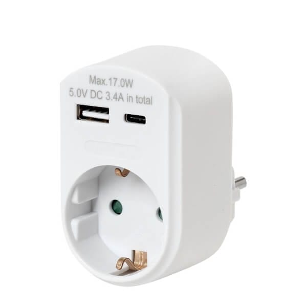 Electra Αντάπτορας 1 Θέσης Σούκο 1 Θύρα USB Α 1 Θύρα USB C Λευκός