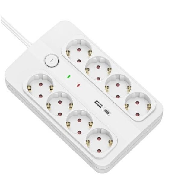 Technik Πολύπριζο με διακόπτη 8 Θέσεων Σούκο και 2 θέσεων USB Λευκό 15 m καλώδιο