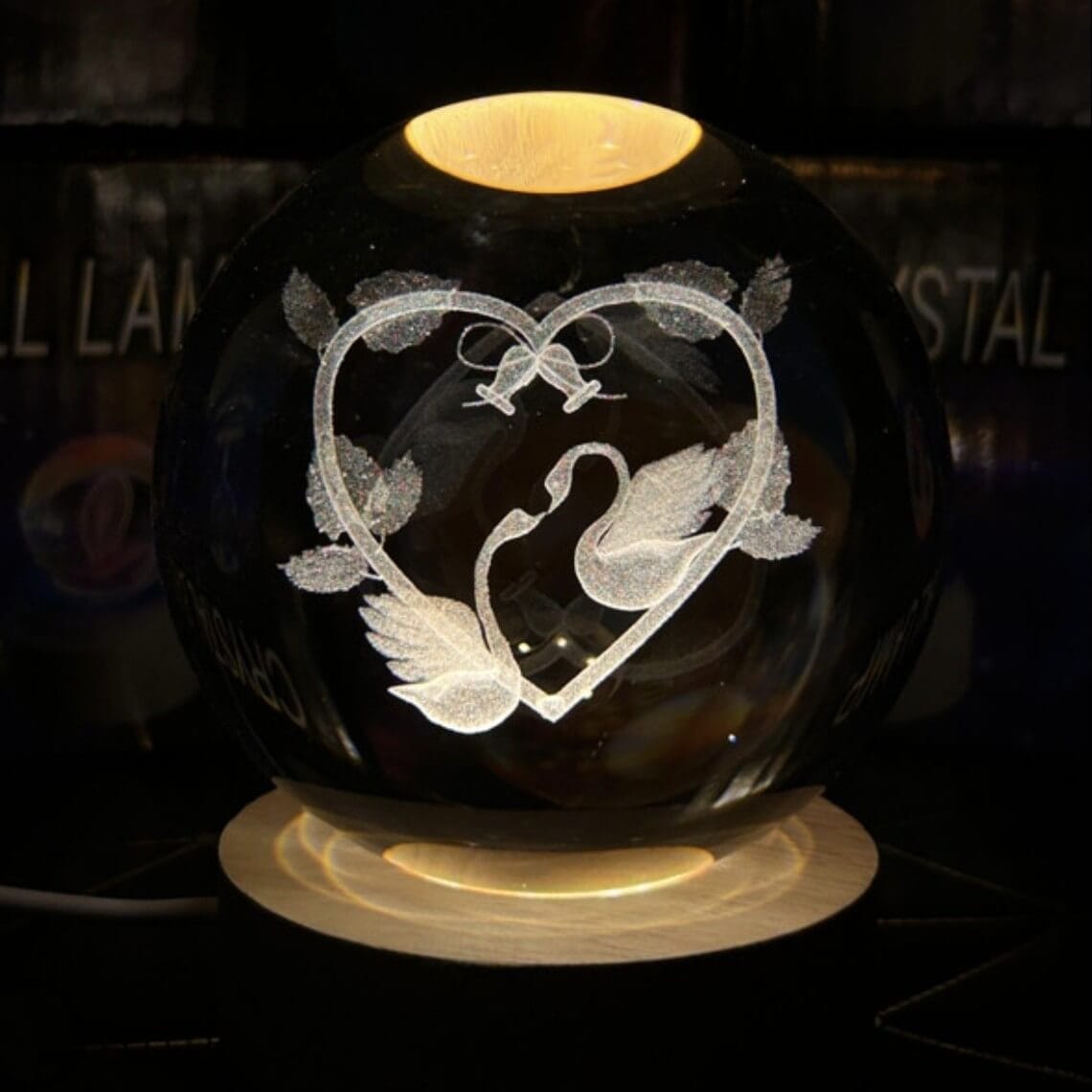 Φωτιζόμενη μπάλα 8cm καρδιά με κύκνους με σύνδεση USΒ βάση 7cm 6 LED IP20 Θερμό Λευκό Warm white