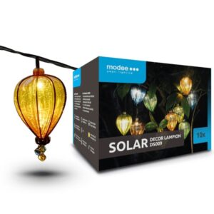 Modee 10 λαμπάκια LED σε σειρά με Vintage διακοσμητικά και με ηλιακό συλλέκτη - solar panel με αισθητήρα φωτός, 1,8 m, πράσινο καλώδιο, σταθερή ή αναβοσβήνει, IP44, Θερμό Λευκό (Warm white)