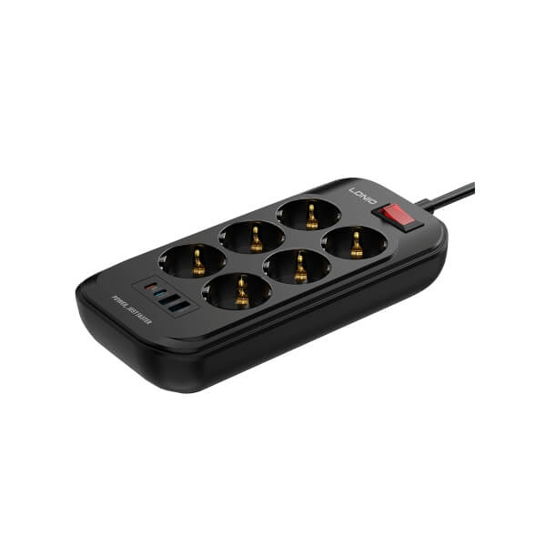 Πολύπριζο με διακόπτη 6 Θέσεων Σούκο 2 Θύρες USB Α 2 Θύρες USB C Μαύρο 2 m καλώδιο