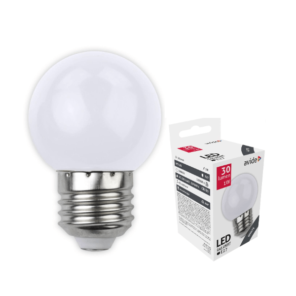 Avide Λάμπα LED σφαιρική G45, 1W, για ντουί Ε27, Άσπρη 1 Avide Λάμπα LED σφαιρική G45 1W για ντουί Ε27 Άσπρη